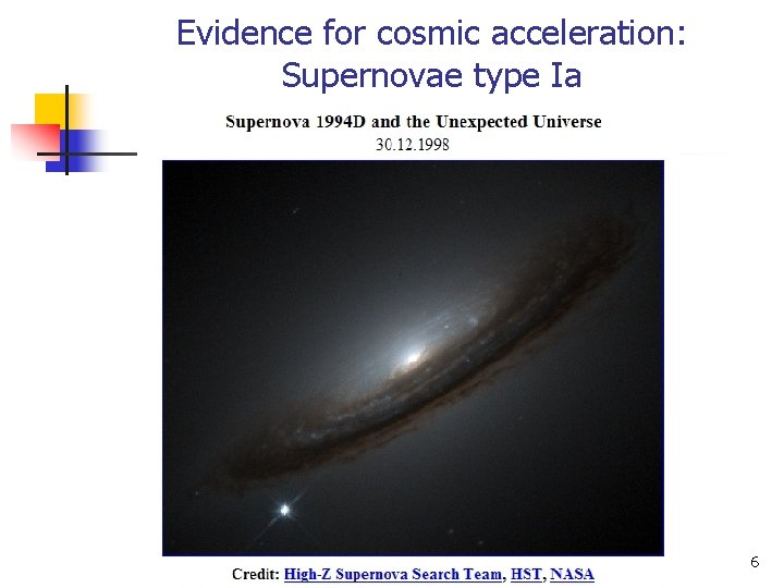 Evidence for cosmic acceleration: Supernovae type Ia 6 