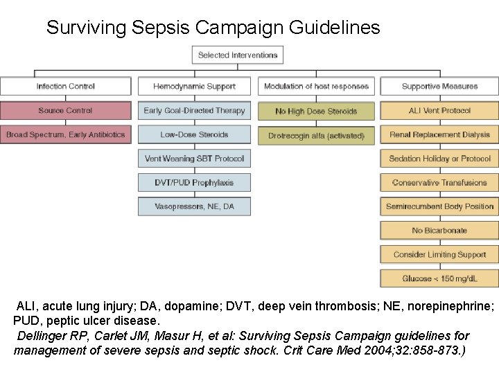 Surviving Sepsis Campaign Guidelines ALI, acute lung injury; DA, dopamine; DVT, deep vein thrombosis;