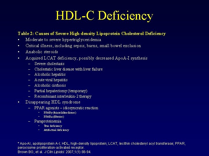 HDL-C Deficiency Table 2: Causes of Severe High-density Lipoprotein Cholesterol Deficiency • Moderate to