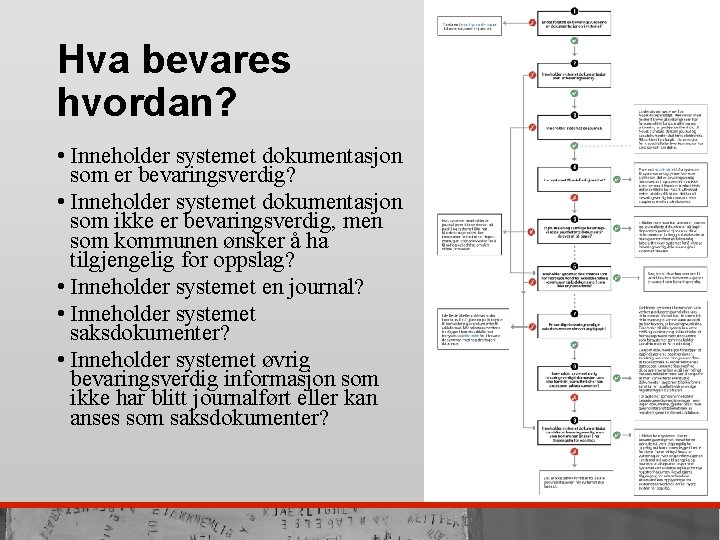 Hva bevares hvordan? • Inneholder systemet dokumentasjon som er bevaringsverdig? • Inneholder systemet dokumentasjon