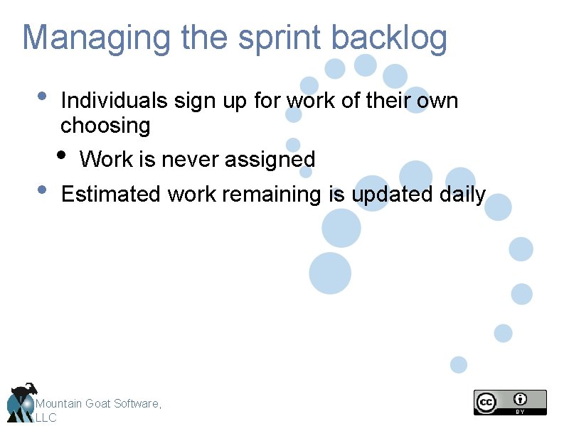 Managing the sprint backlog • • Individuals sign up for work of their own Managing the sprint backlog • • Individuals sign up for work of their own