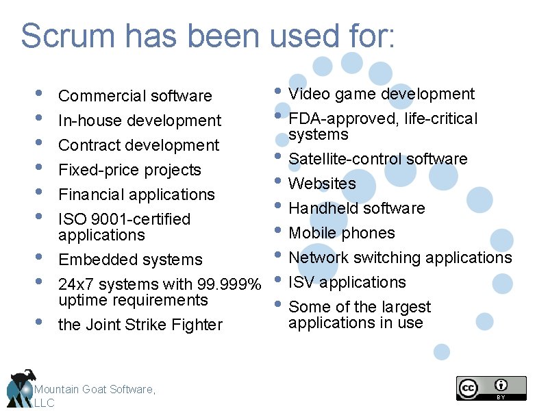 Scrum has been used for: • • • Commercial software In-house development Contract development Scrum has been used for: • • • Commercial software In-house development Contract development