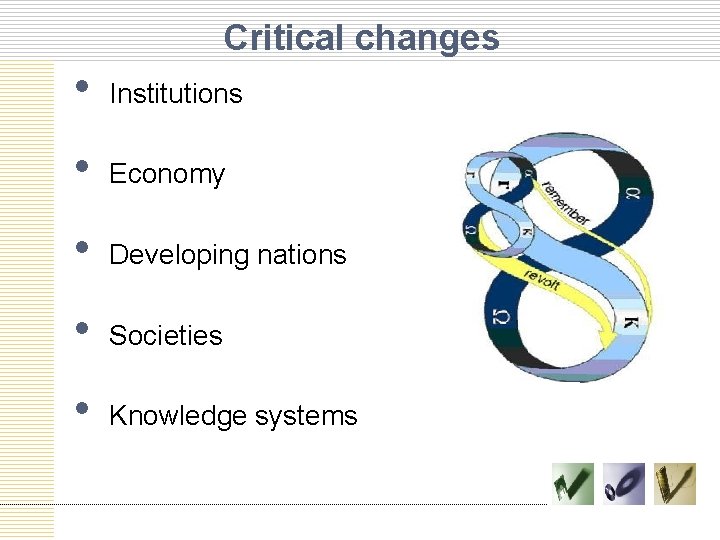 Critical changes • Institutions • Economy • Developing nations • Societies • Knowledge systems