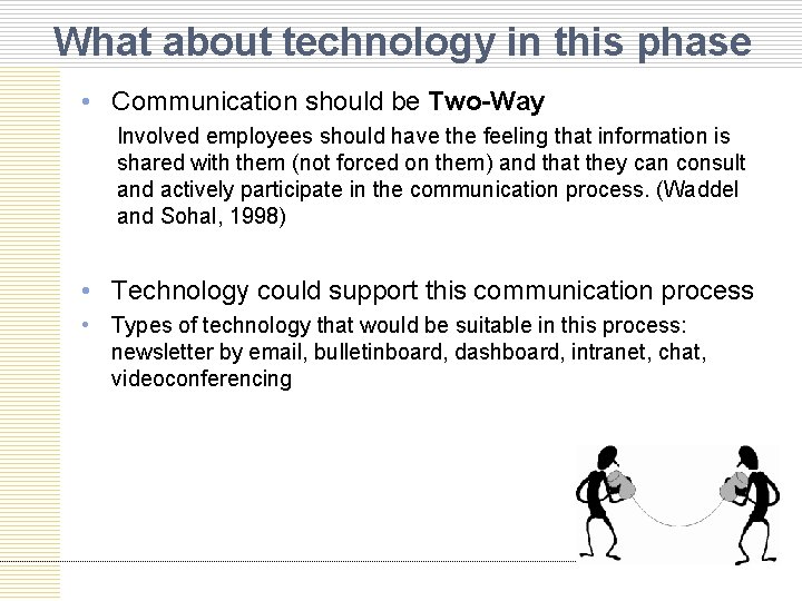 What about technology in this phase • Communication should be Two-Way Involved employees should
