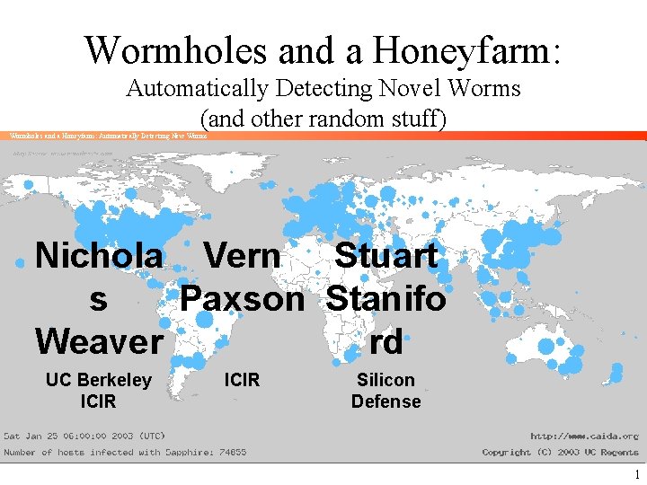 Wormholes and a Honeyfarm: Automatically Detecting Novel Worms (and other random stuff) Wormholes and