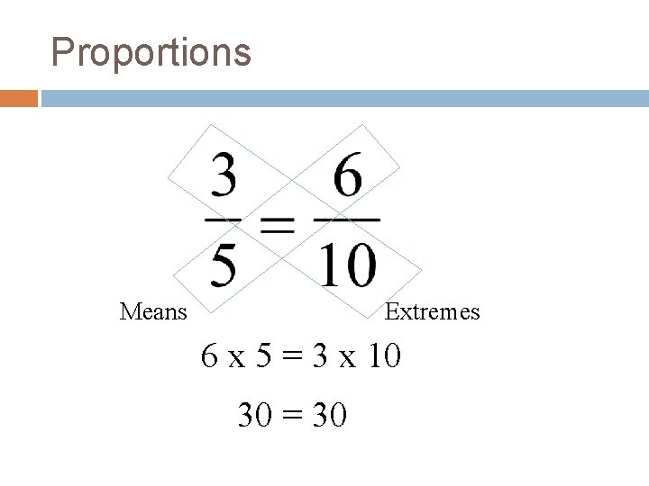 Proportions Means Extremes 6 x 5 = 3 x 10 30 = 30 