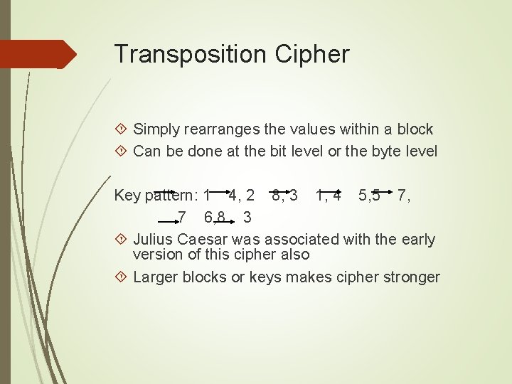 Transposition Cipher Simply rearranges the values within a block Can be done at the