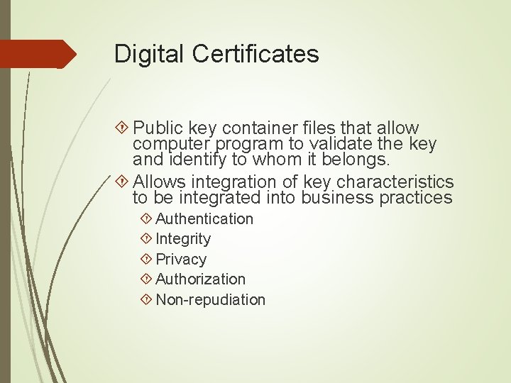 Digital Certificates Public key container files that allow computer program to validate the key