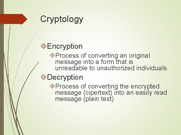 Cryptology Encryption Process of converting an original message into a form that is unreadable