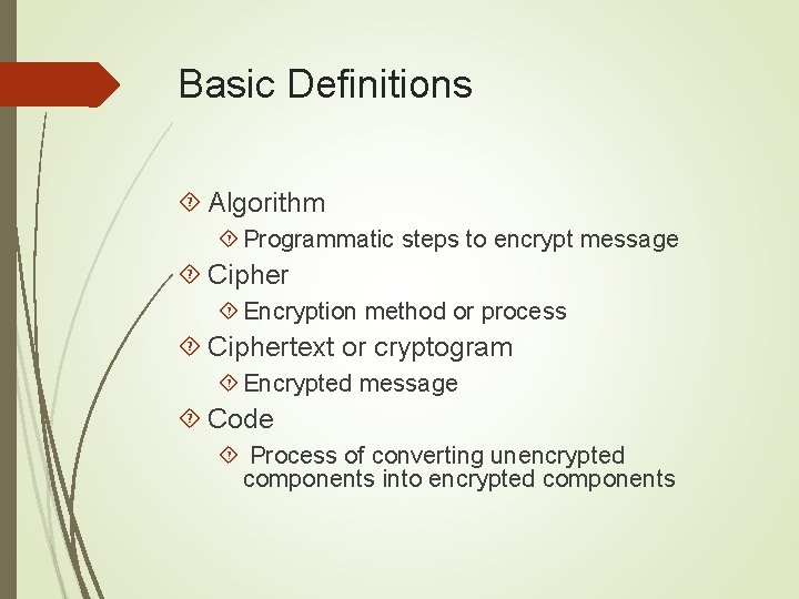 Basic Definitions Algorithm Programmatic steps to encrypt message Cipher Encryption method or process Ciphertext