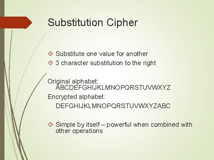 Substitution Cipher Substitute one value for another 3 character substitution to the right Original