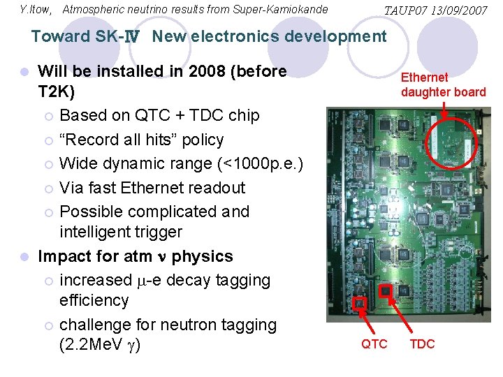 Y. Itow, Atmospheric neutrino results from Super-Kamiokande TAUP 07 13/09/2007 Toward SK-Ⅳ　New electronics development