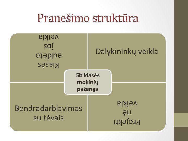 Pranešimo struktūra Klasės auklėto jos veikla Dalykininkų veikla 5 b klasės mokinių pažanga Projekti