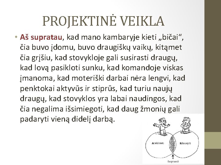 PROJEKTINĖ VEIKLA • Aš supratau, kad mano kambaryje kieti „bičai“, čia buvo įdomu, buvo