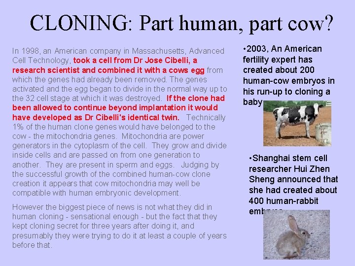 CLONING: Part human, part cow? In 1998, an American company in Massachusetts, Advanced Cell