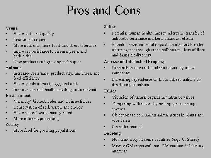 Pros and Cons Crops • Better taste and quality • Less time to ripen.