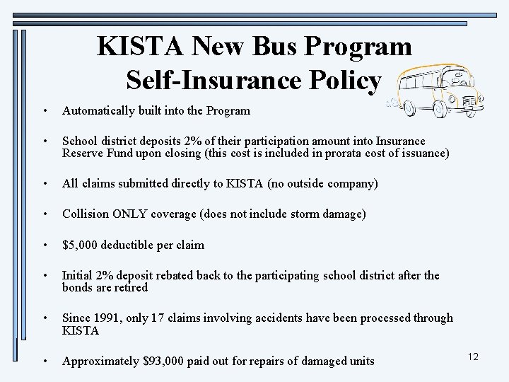 KISTA New Bus Program Self-Insurance Policy • Automatically built into the Program • School
