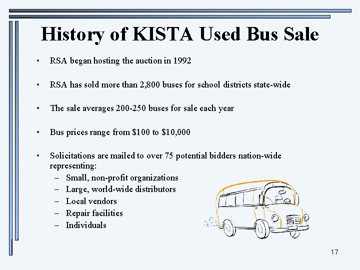 History of KISTA Used Bus Sale • RSA began hosting the auction in 1992