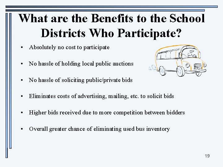 What are the Benefits to the School Districts Who Participate? • Absolutely no cost