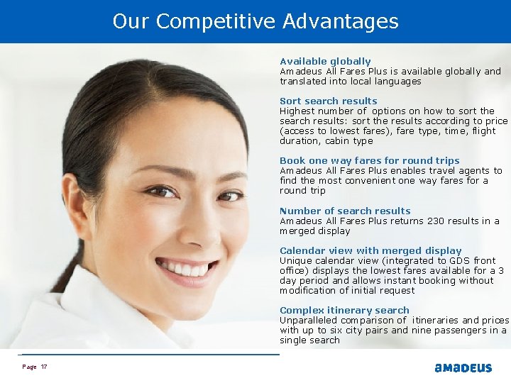 Our Competitive Advantages Available globally Amadeus All Fares Plus is available globally and translated