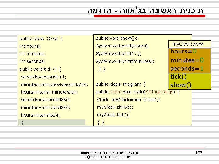  הדגמה - תוכנית ראשונה בג'אווה public class Clock { public void show(){ int