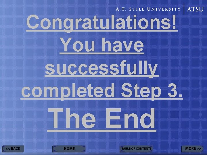 Congratulations! You have successfully completed Step 3. The End 