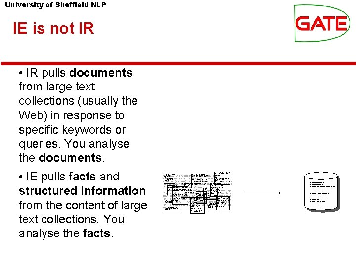 University of Sheffield NLP IE is not IR • IR pulls documents from large