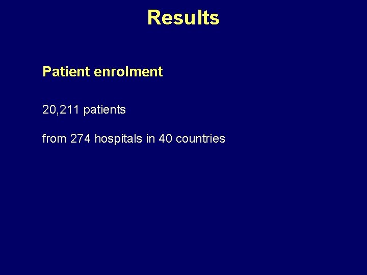 Results Patient enrolment 20, 211 patients from 274 hospitals in 40 countries 