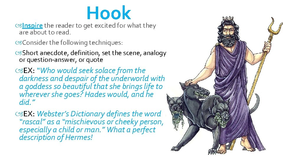 Hook Inspire the reader to get excited for what they are about to read. Hook Inspire the reader to get excited for what they are about to read.