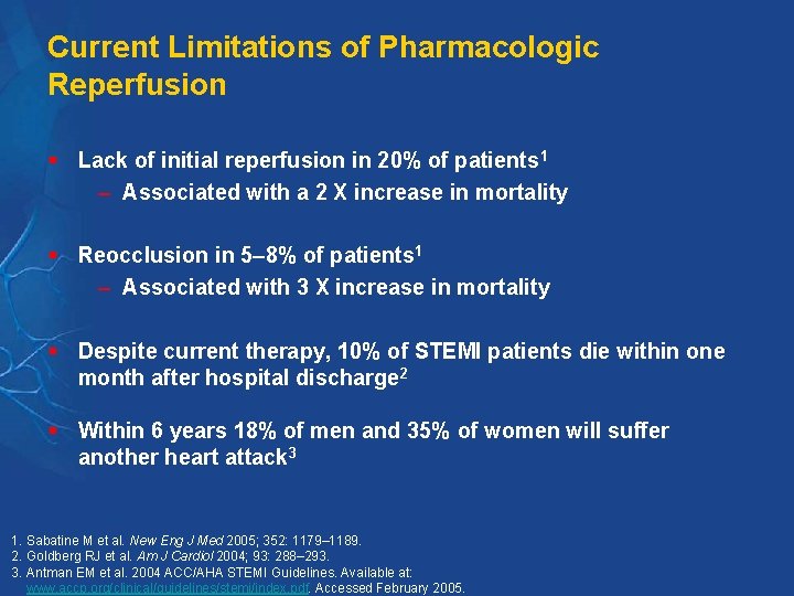 Current Limitations of Pharmacologic Reperfusion § Lack of initial reperfusion in 20% of patients