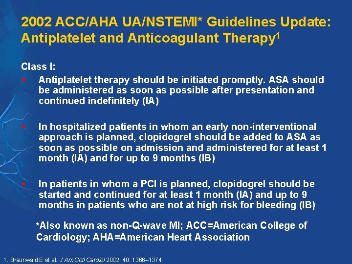 2002 ACC/AHA UA/NSTEMI* Guidelines Update: Antiplatelet and Anticoagulant Therapy 1 Class I: § Antiplatelet