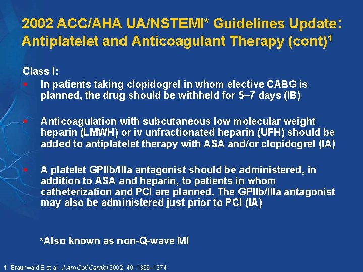 2002 ACC/AHA UA/NSTEMI* Guidelines Update: Antiplatelet and Anticoagulant Therapy (cont)1 Class I: § In