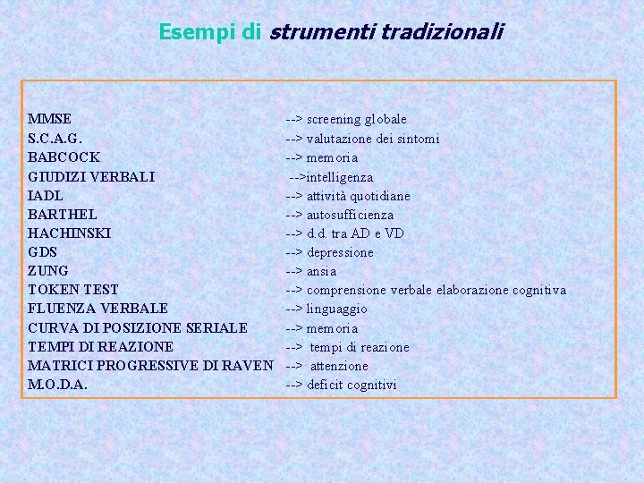 Esempi di strumenti tradizionali MMSE S. C. A. G. BABCOCK GIUDIZI VERBALI IADL BARTHEL