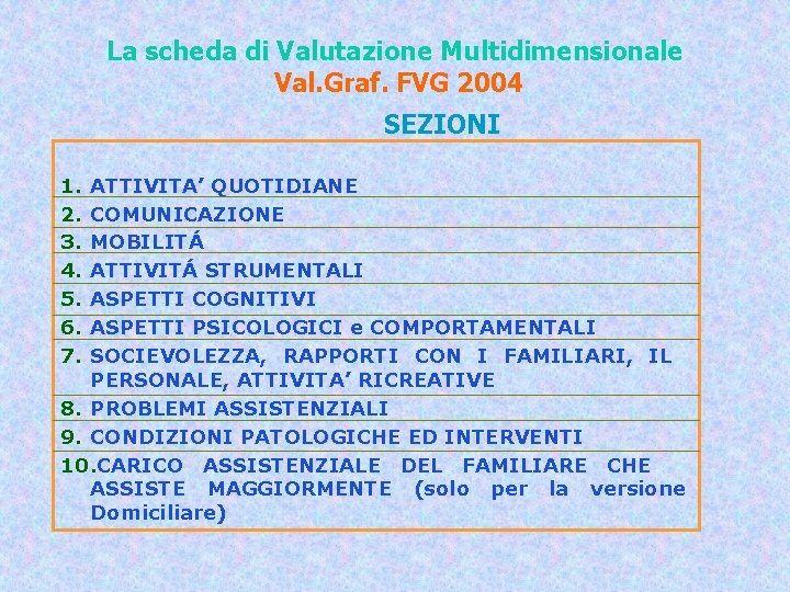 La scheda di Valutazione Multidimensionale Val. Graf. FVG 2004 SEZIONI 1. 2. 3. 4.