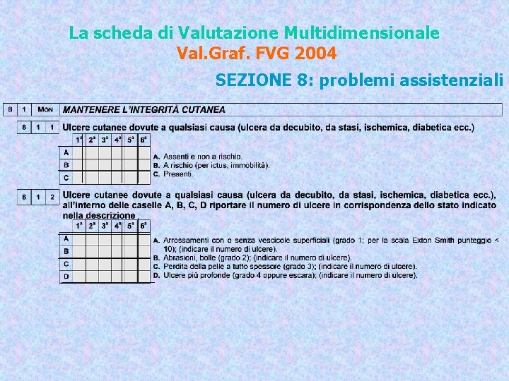 La scheda di Valutazione Multidimensionale Val. Graf. FVG 2004 SEZIONE 8: problemi assistenziali 