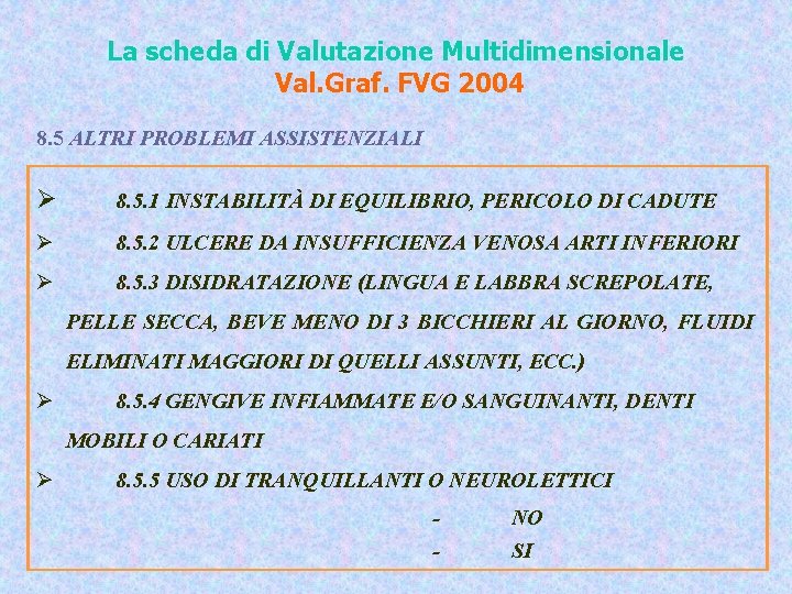 La scheda di Valutazione Multidimensionale Val. Graf. FVG 2004 8. 5 ALTRI PROBLEMI ASSISTENZIALI