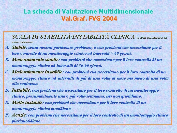 La scheda di Valutazione Multidimensionale Val. Graf. FVG 2004 SCALA DI STABILITÀ/INSTABILITÀ CLINICA (A