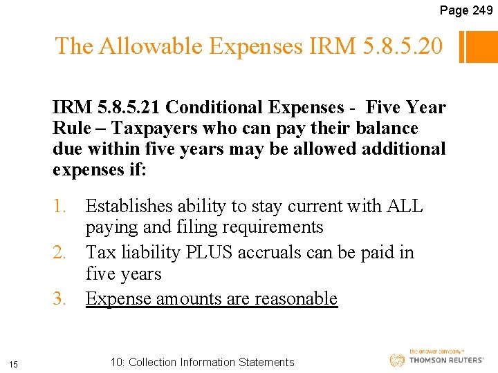 Page 249 The Allowable Expenses IRM 5. 8. 5. 20 IRM 5. 8. 5.