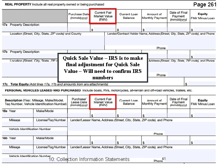 Page 261 Quick Sale Value – IRS is to make final adjustment for Quick