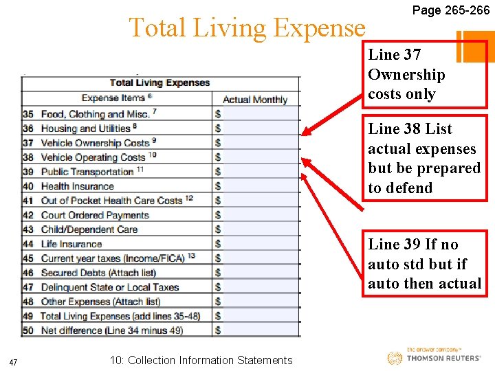 Total Living Expense Page 265 -266 Line 37 Ownership costs only Line 38 List