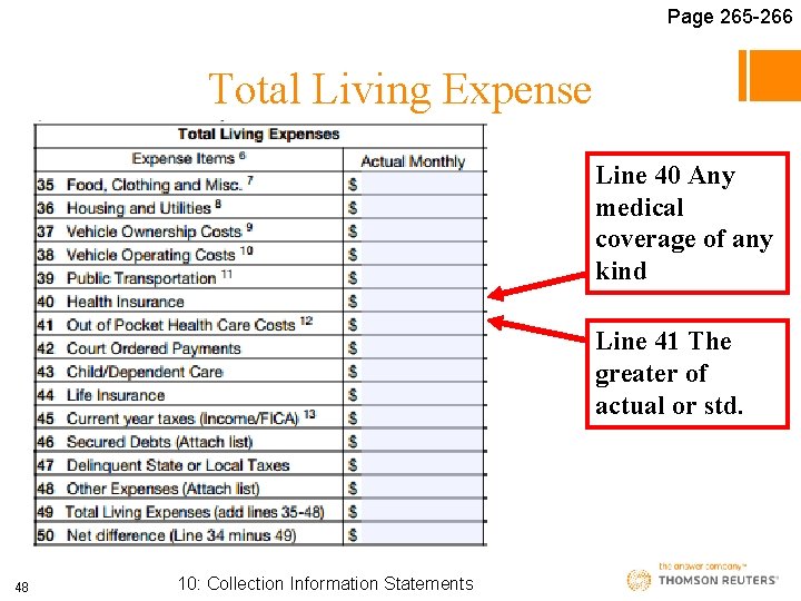 Page 265 -266 Total Living Expense Line 40 Any medical coverage of any kind