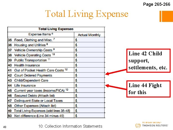Page 265 -266 Total Living Expense Line 42 Child support, settlements, etc. Line 44