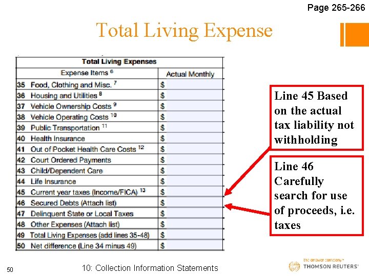Page 265 -266 Total Living Expense Line 45 Based on the actual tax liability