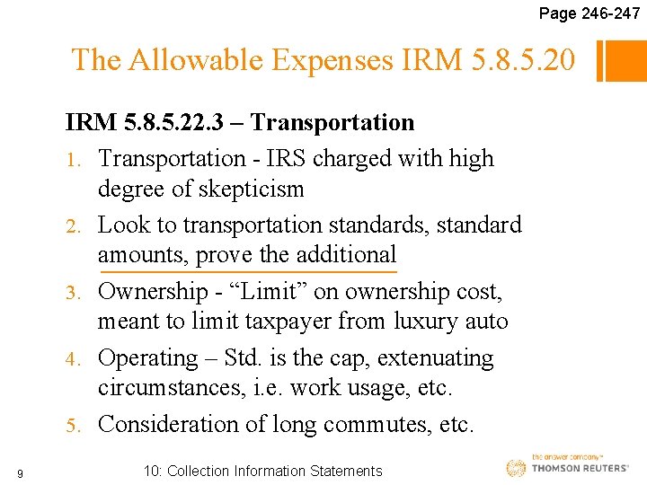Page 246 -247 The Allowable Expenses IRM 5. 8. 5. 20 IRM 5. 8.