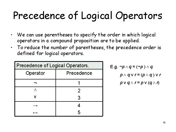Precedence of Logical Operators • We can use parentheses to specify the order in