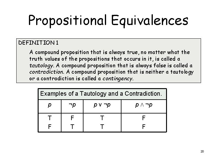Propositional Equivalences DEFINITION 1 A compound proposition that is always true, no matter what
