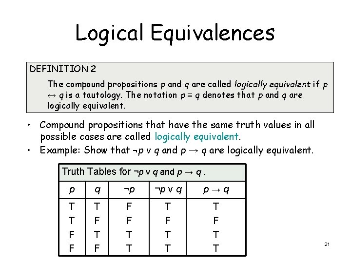 Logical Equivalences DEFINITION 2 The compound propositions p and q are called logically equivalent