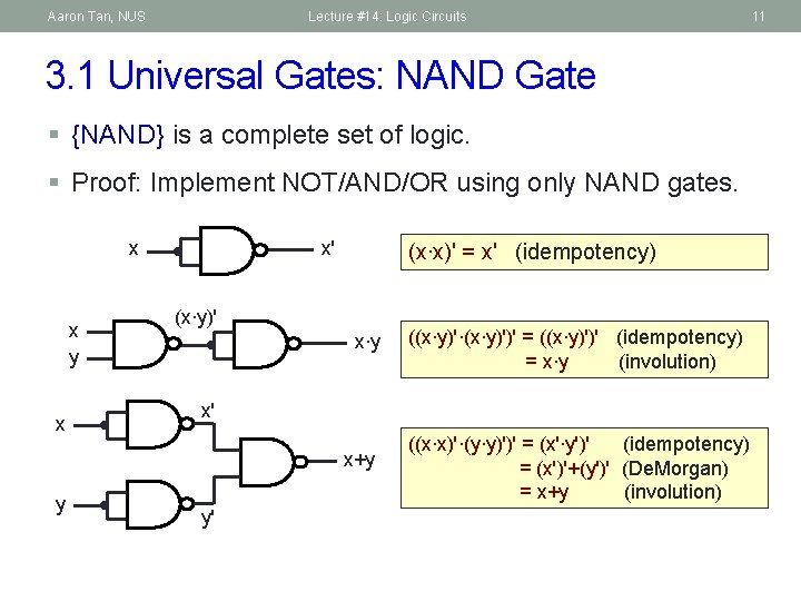 Aaron Tan, NUS Lecture #14: Logic Circuits 3. 1 Universal Gates: NAND Gate §