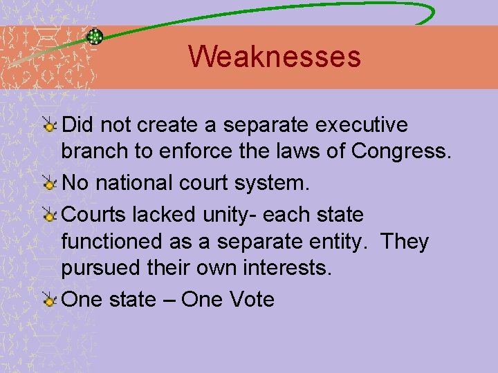 Weaknesses Did not create a separate executive branch to enforce the laws of Congress.