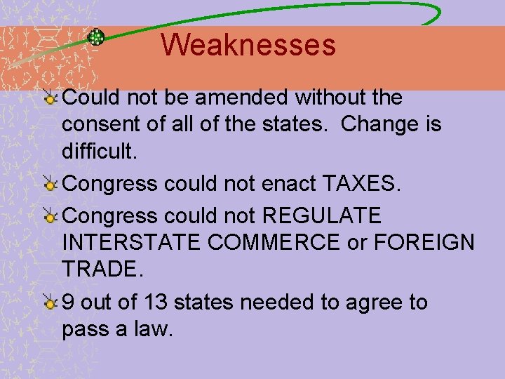 Weaknesses Could not be amended without the consent of all of the states. Change